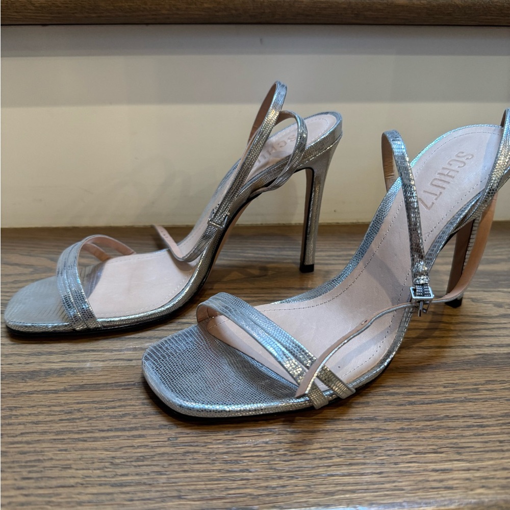 SCHUTZ Silver Stiletto Heels with wrap around